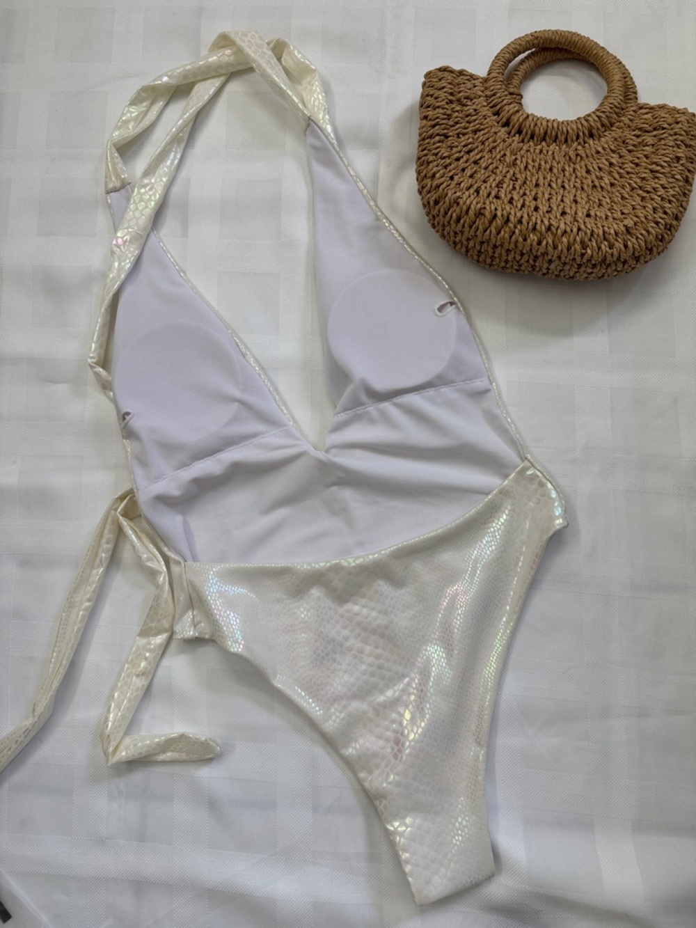Set of 2 Coral Pink Silver Metallic Bikini Set/Cream Iridescent 1 Pc - Picture 16 of 16